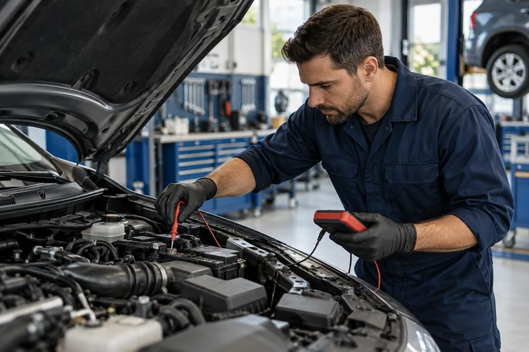Technician checking an engine with a diagnostic meter