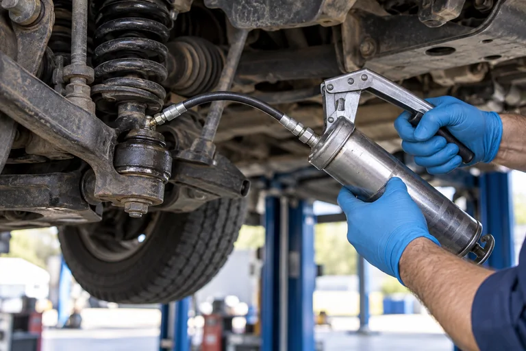 Grease gun connected to a suspension grease fitting