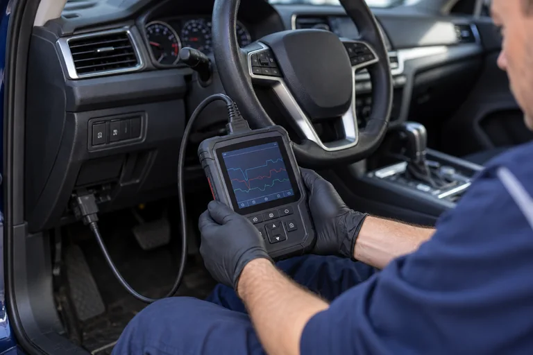 Handheld diagnostic scanner connected inside a vehicle
