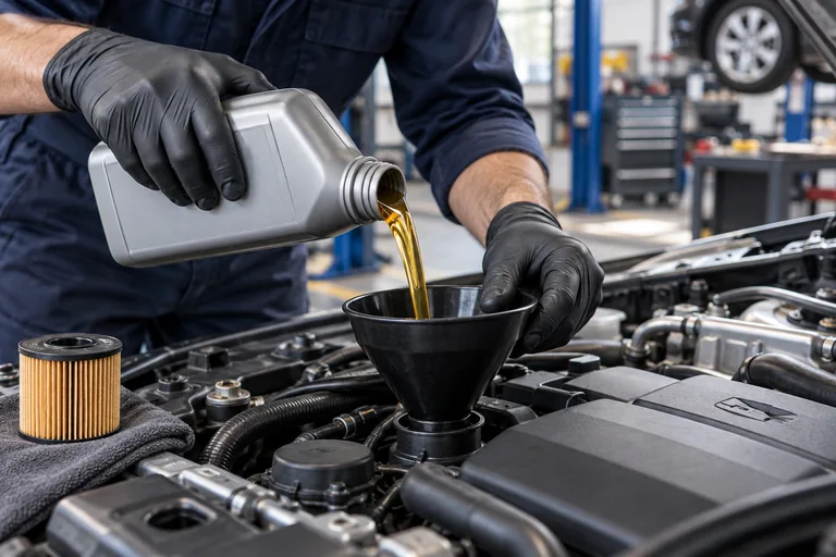 Engine oil being poured into an engine through a funnel