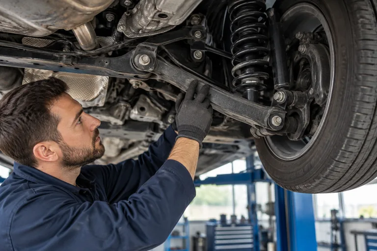 Technician inspecting suspension underneath a raised vehicle