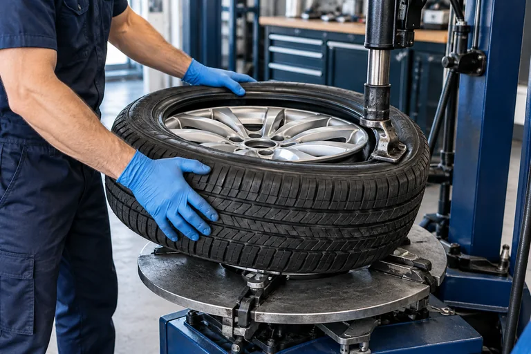 Tire being fitted on a professional tire changing machine